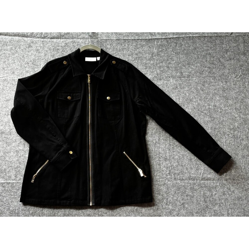 Belle by Kim Gravel Womens L Black Utility Jacket Stretch Zip Front Military